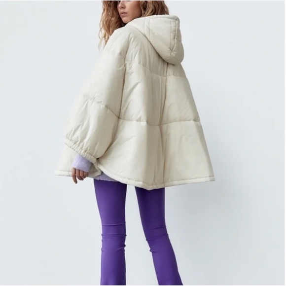 Zara Jackets & Blazers - Zara ecru / off white water repellent hooded puffer cape / coat NWT